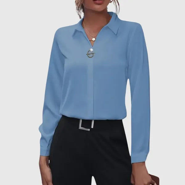 Women's Collared Long Sleeve Blouse in Light Blue, front view tucked into pants – Otilia