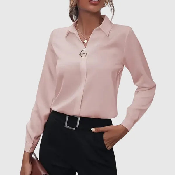 Women's Collared Long Sleeve Blouse in Pink, front view with ring pendant detail – Otilia