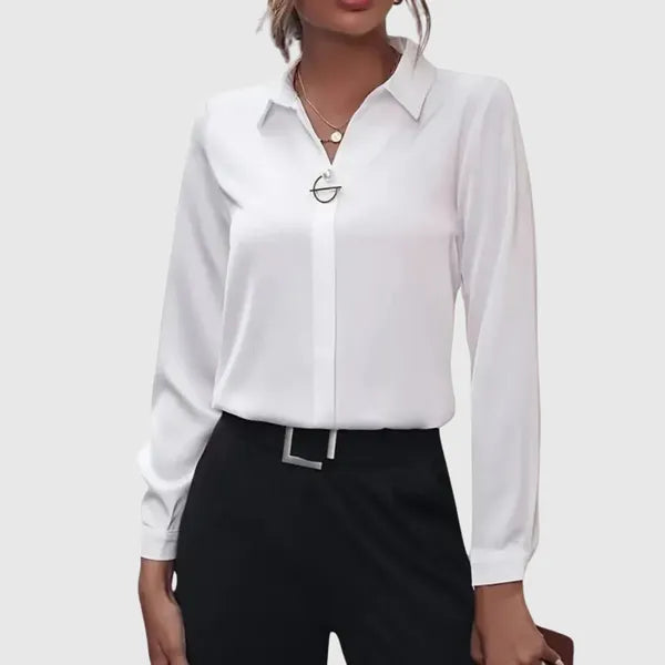 Women's Collared Long Sleeve Blouse in White, front view with black trousers – Otilia