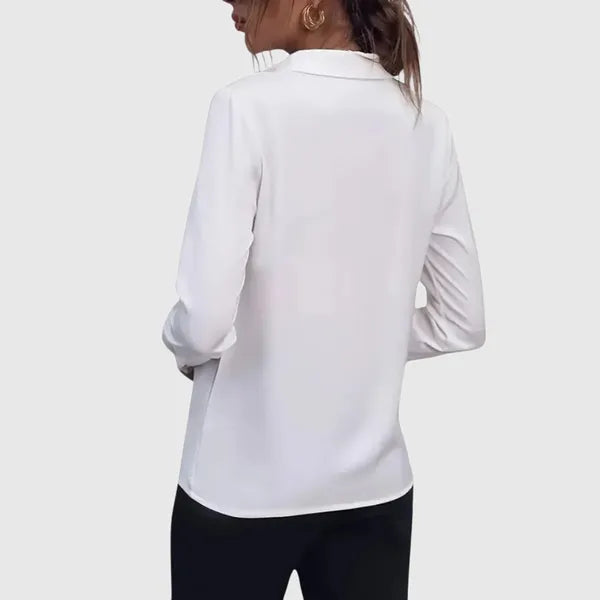 Women's Collared Long Sleeve Blouse in White, back view showing the soft drape – Otilia