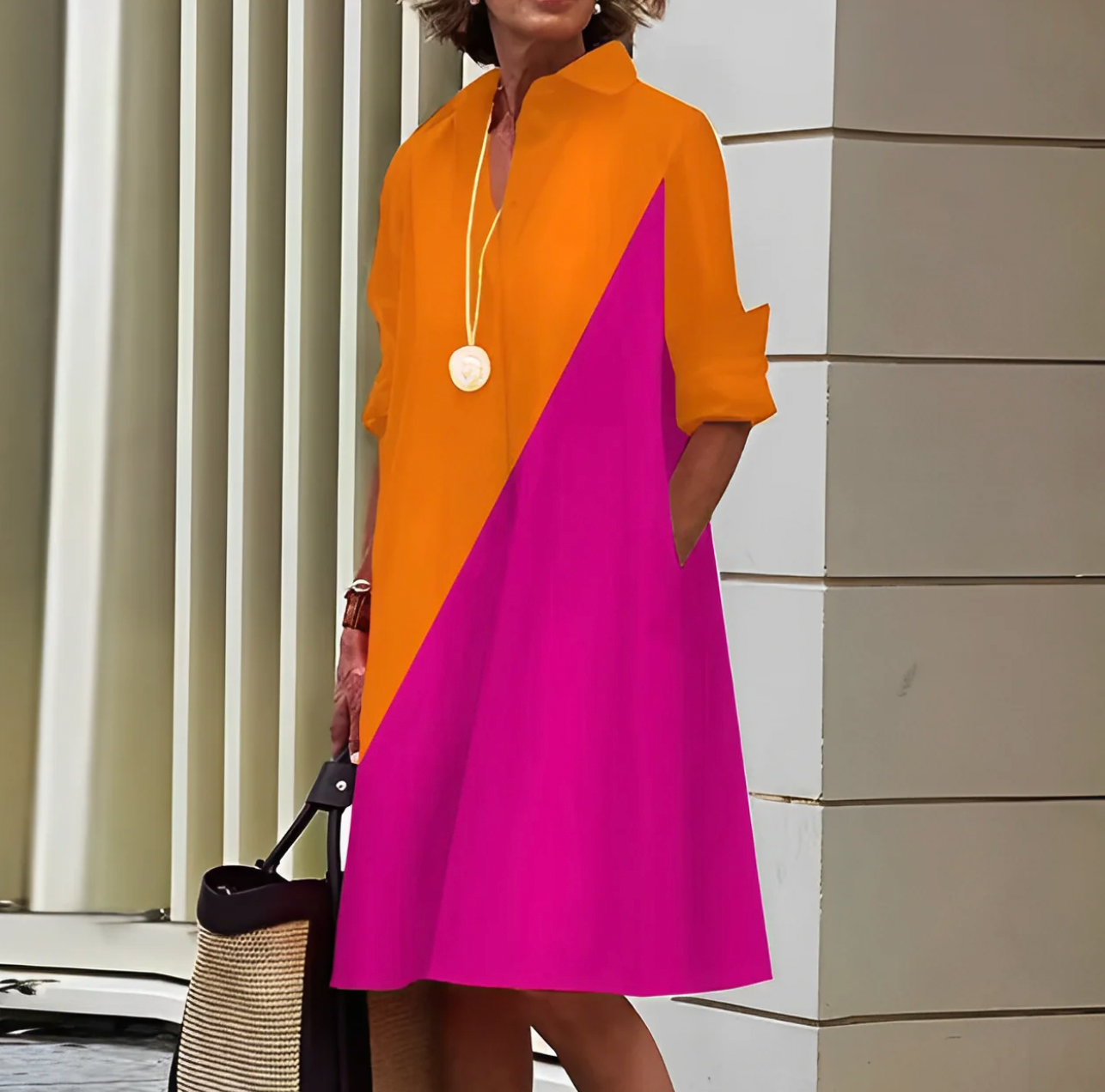 Orange and pink colour-block Women's Long Sleeve Midi Dress - Sunniva, front view on model