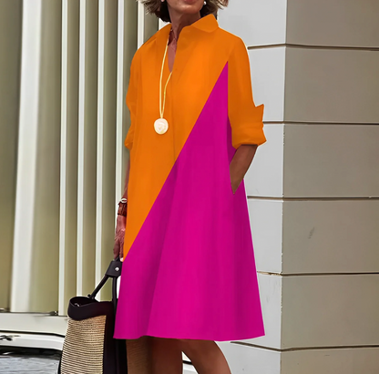 Orange and pink colour-block Women's Long Sleeve Midi Dress - Sunniva, front view on model