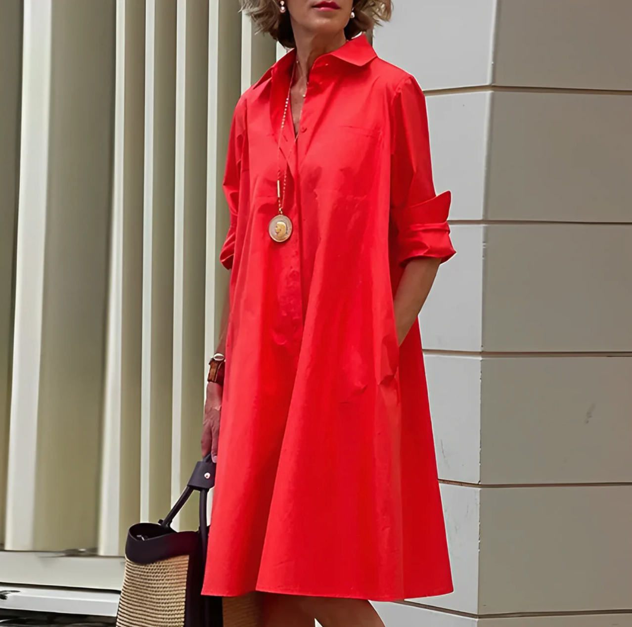 Red Women's Long Sleeve Midi Dress - Sunniva, collared shirt dress, front view on model outdoors