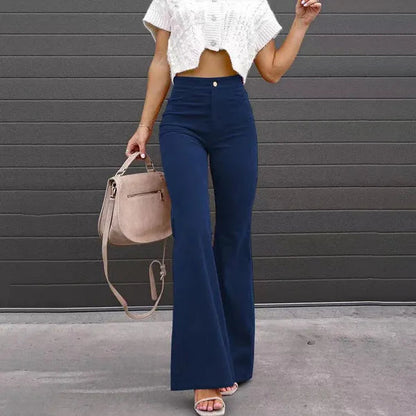 Navy Blue Corduroy Flare Trousers front view with fitted thigh and flared cuff