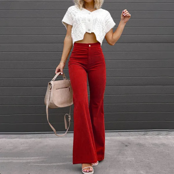 Red Corduroy Flare Trousers front view with high rise waist and bell bottom hem