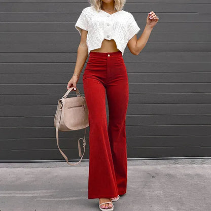 Red Corduroy Flare Trousers front view with high rise waist and bell bottom hem