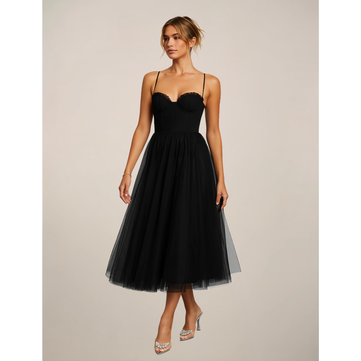Women's Corset Top Maxi Dress in Black tulle, studio front view - Celandine