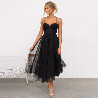 Women's Corset Top Maxi Dress in Black, front view on model - Celandine