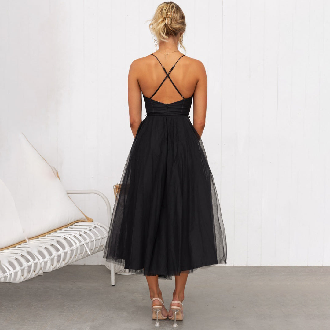 Women's Corset Top Maxi Dress in Black, back view with crossed straps - Celandine