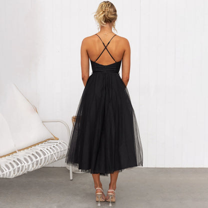 Women's Corset Top Maxi Dress in Black, back view with crossed straps - Celandine