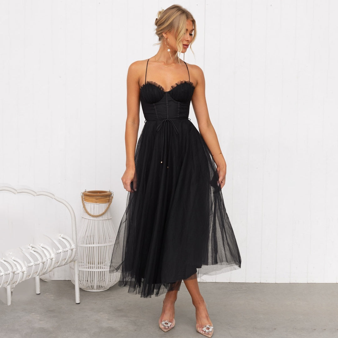 Women's Corset Top Maxi Dress in Black tulle, full front view - Celandine