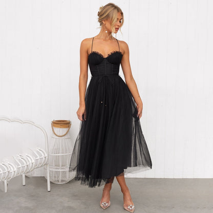 Women's Corset Top Maxi Dress in Black tulle, full front view - Celandine