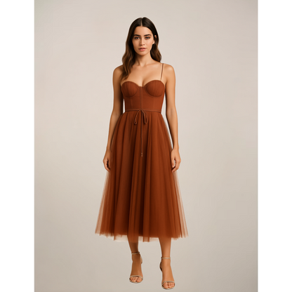 Women's Corset Top Maxi Dress in Brown tulle, studio front view - Celandine