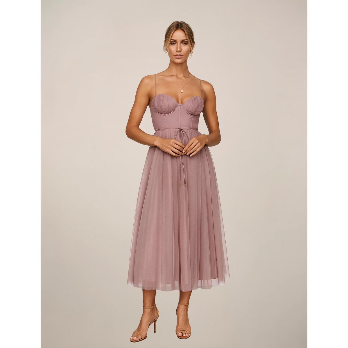 Women's Corset Top Maxi Dress in Pink tulle, studio front view - Celandine