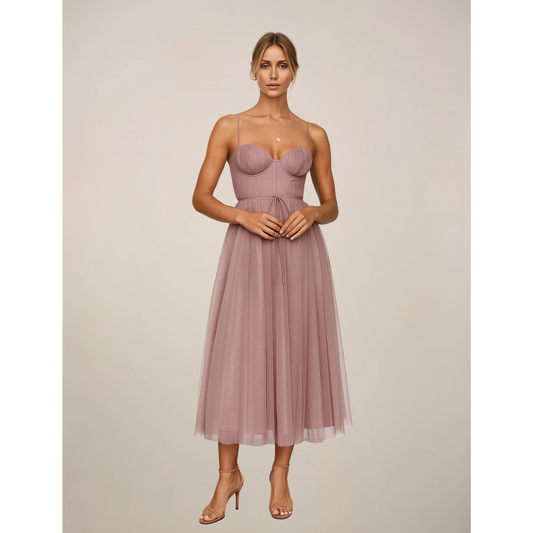 Women's Corset Top Maxi Dress in Pink tulle, studio front view - Celandine