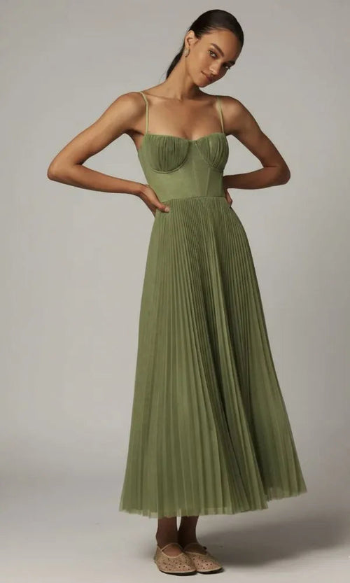 Women's Corset Top Pleated Maxi Dress in Sage Green, front view - Hestia