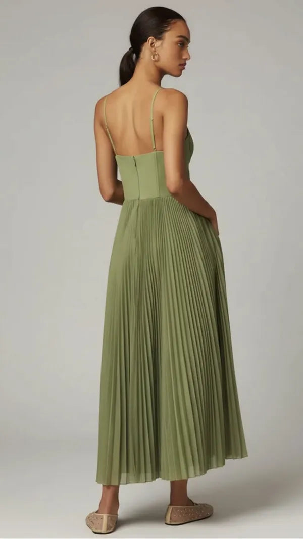 Women's Corset Top Pleated Maxi Dress in Sage Green, back view on model - Hestia