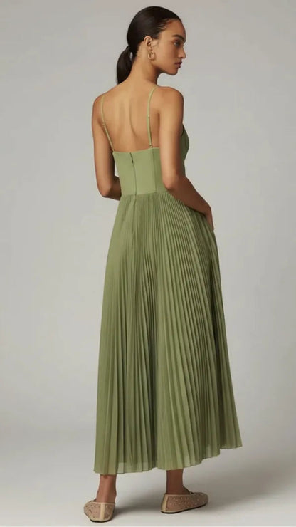 Women's Corset Top Pleated Maxi Dress in Sage Green, back view on model - Hestia