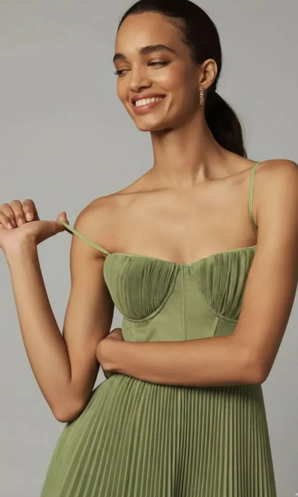 Women's Corset Top Pleated Maxi Dress in Sage Green, bodice strap close-up - Hestia