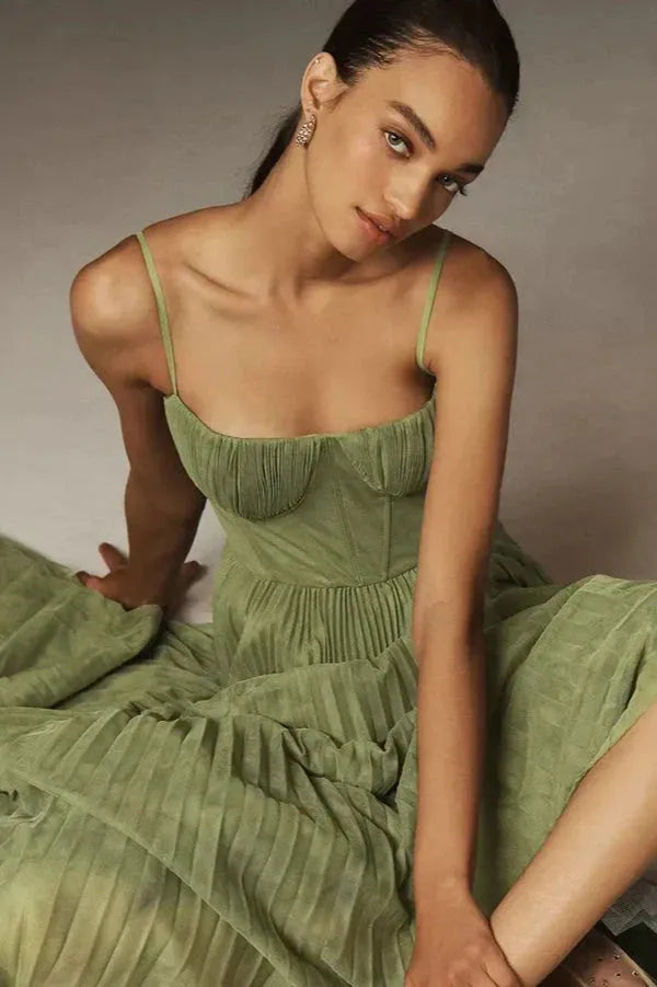 Women's Corset Top Pleated Maxi Dress in Sage Green, seated bodice detail - Hestia