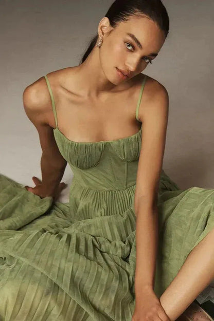 Women's Corset Top Pleated Maxi Dress in Sage Green, seated bodice detail - Hestia