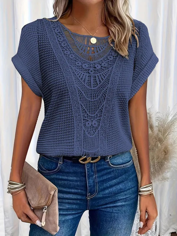 Svea Women's Crochet Knit Short Sleeve Top in navy blue, front view with lace panel