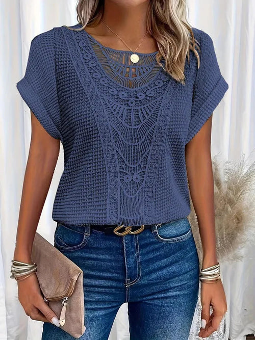 Svea Women's Crochet Knit Short Sleeve Top in navy blue, front view with lace panel