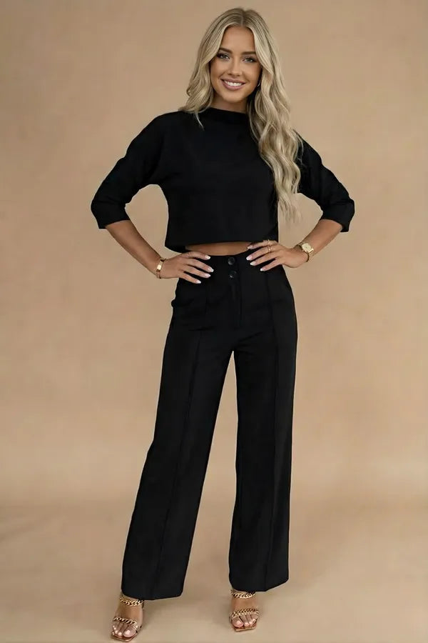 Viviene women's cropped two-piece set in black, front view on model