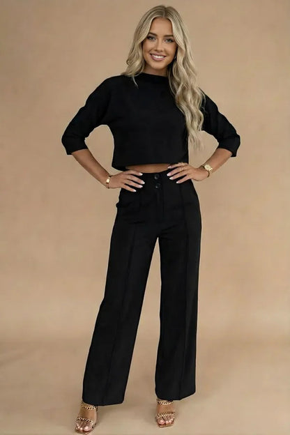 Viviene women's cropped two-piece set in black, front view on model