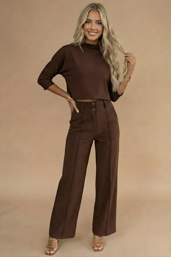 Viviene women's cropped two-piece set in coffee brown, front view on model