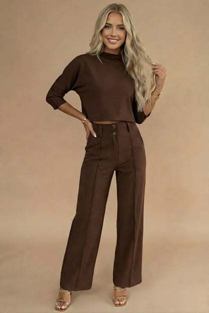 Viviene women's cropped two-piece set in coffee brown, front view on model