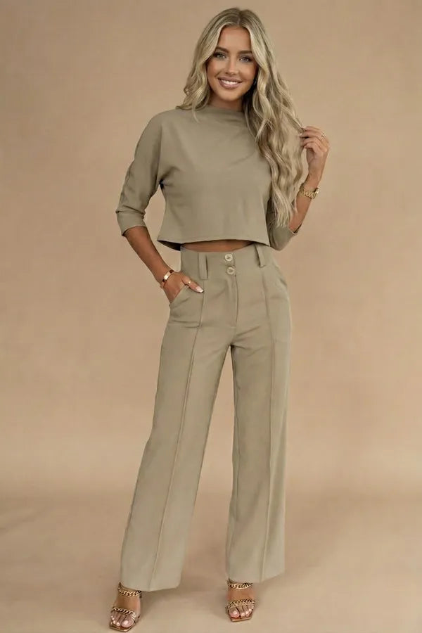 Viviene women's cropped two-piece set in khaki, front view on model