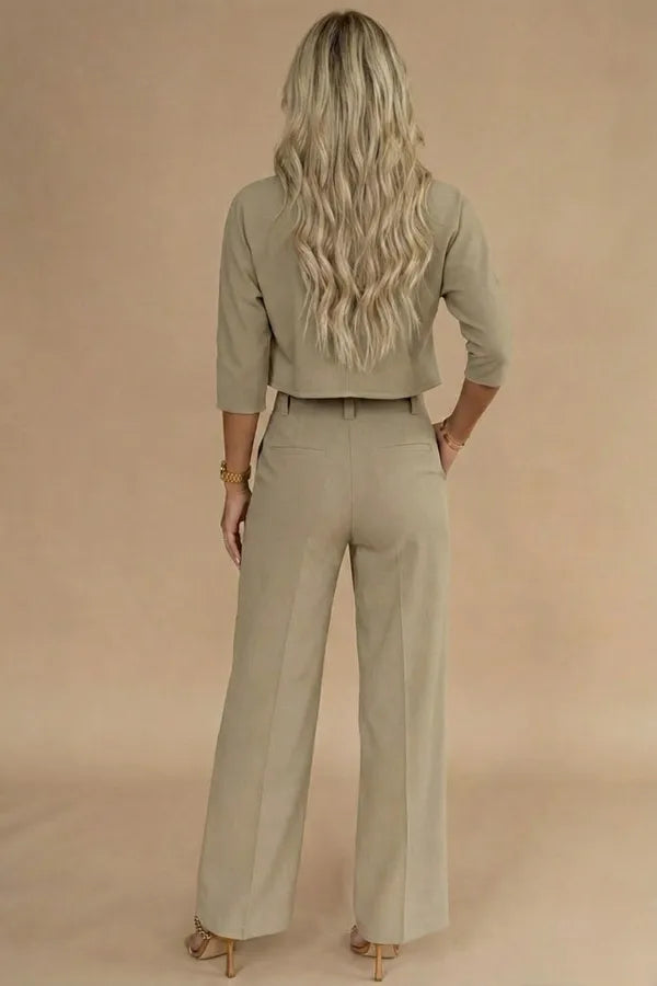 Viviene women's cropped two-piece set in khaki, back view on model