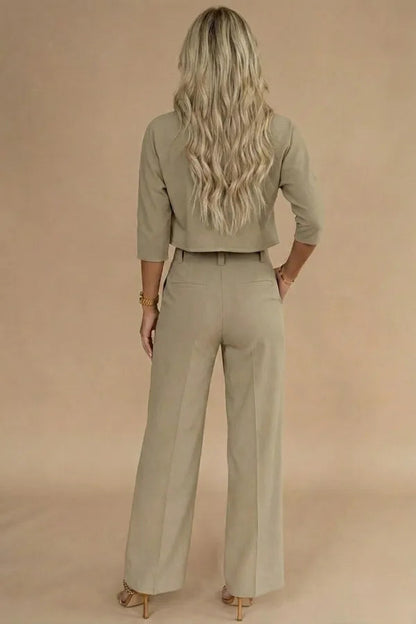 Viviene women's cropped two-piece set in khaki, back view on model