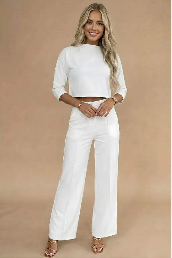 Viviene women's cropped two-piece set in white, front view on model