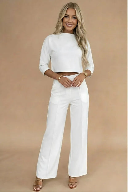 Viviene women's cropped two-piece set in white, front view on model