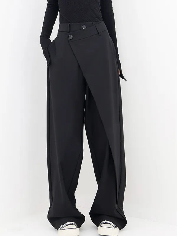 Black Cross-Front Drape Palazzo Pants front view with asymmetric wrap panel