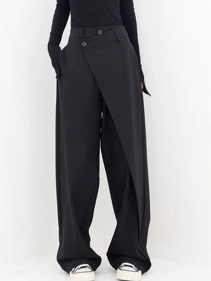 Black Cross-Front Drape Palazzo Pants front view with asymmetric wrap panel