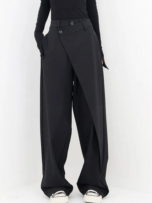 Black Cross-Front Drape Palazzo Pants front view with asymmetric wrap panel