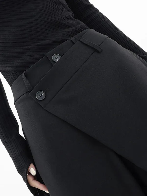 Black Cross-Front Drape Palazzo Pants close view of angled waistband and buttons