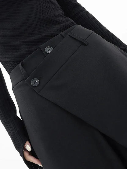 Black Cross-Front Drape Palazzo Pants close view of angled waistband and buttons