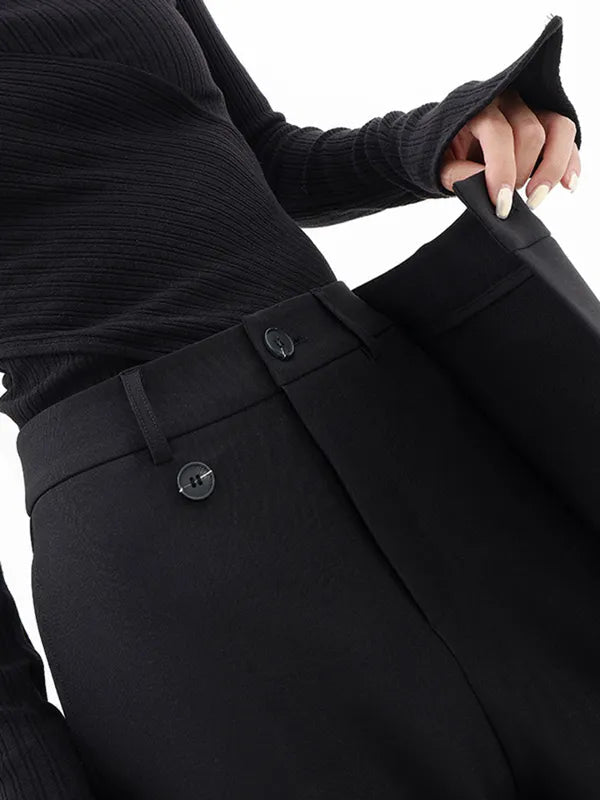 Detail of Black Drape Palazzo Pants double button closure and belt loops