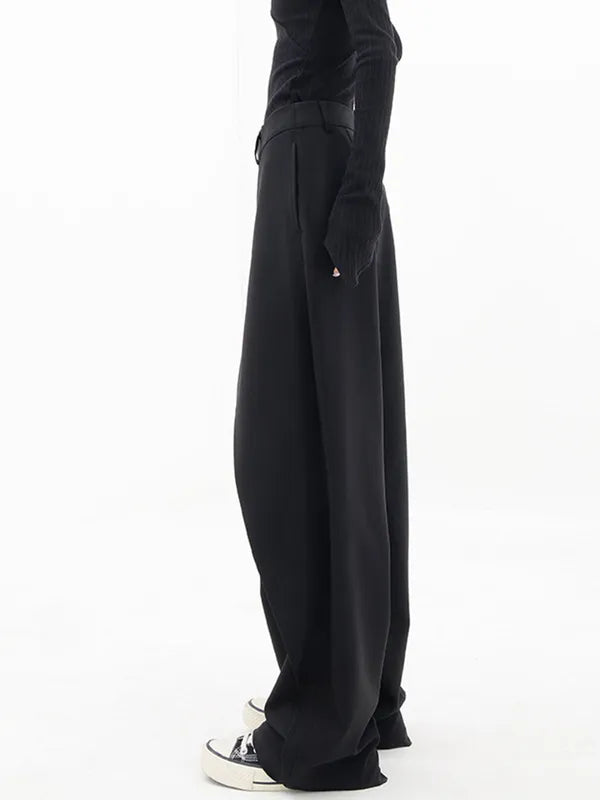 Black Cross-Front Drape Palazzo Pants side profile view with floor length hem