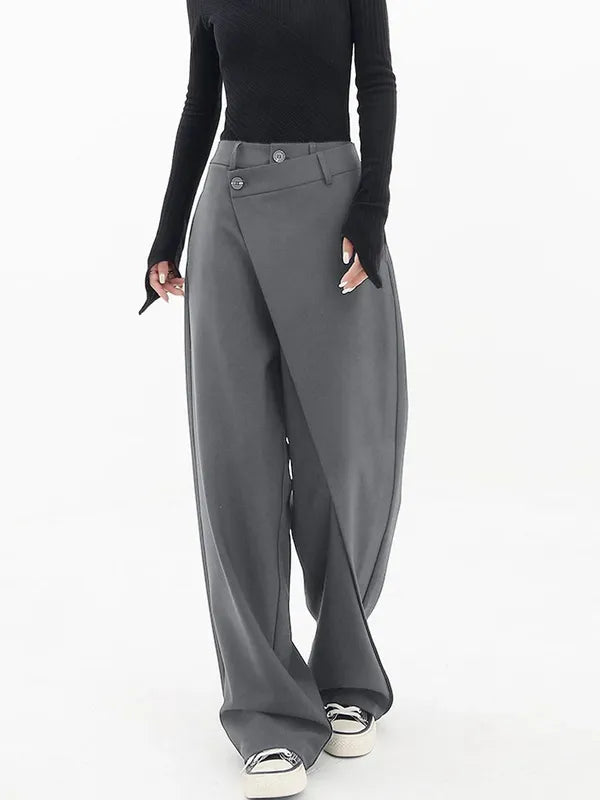 Gray Cross-Front Drape Palazzo Pants front view with asymmetric buttoned waist