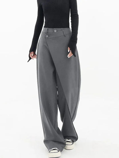 Gray Cross-Front Drape Palazzo Pants front view with asymmetric buttoned waist