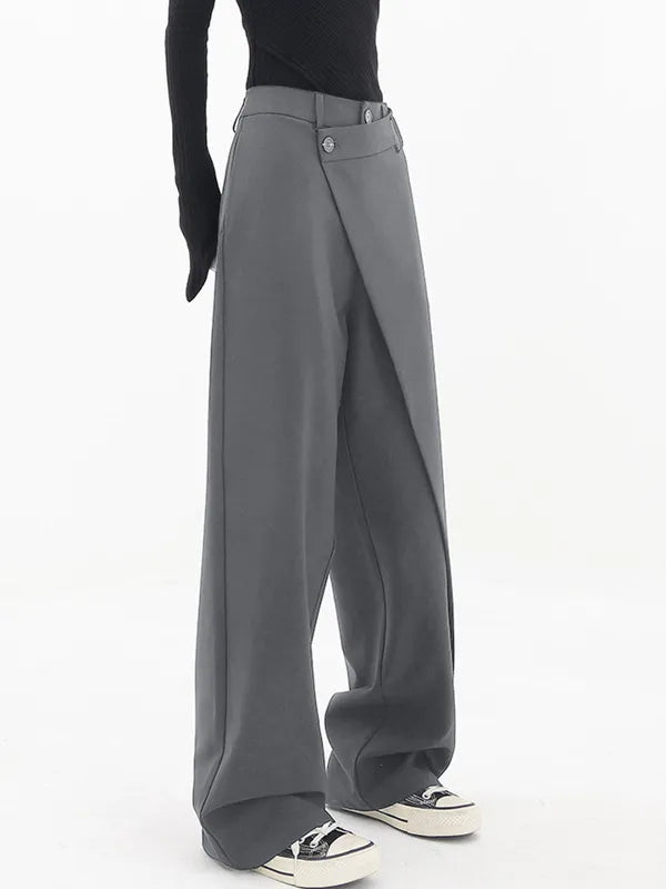 Gray Cross-Front Drape Palazzo Pants three-quarter side view with draped panel