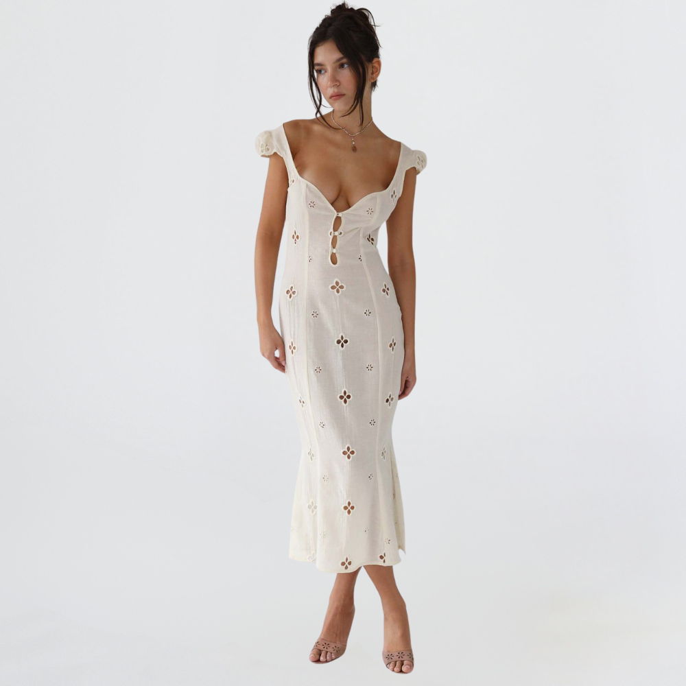 Adelina women's cut-out fitted midi dress in white, full length front view