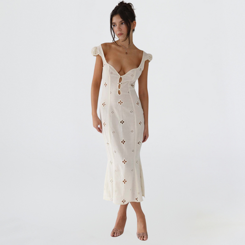 Adelina women's cut-out fitted midi dress in white, full length front view