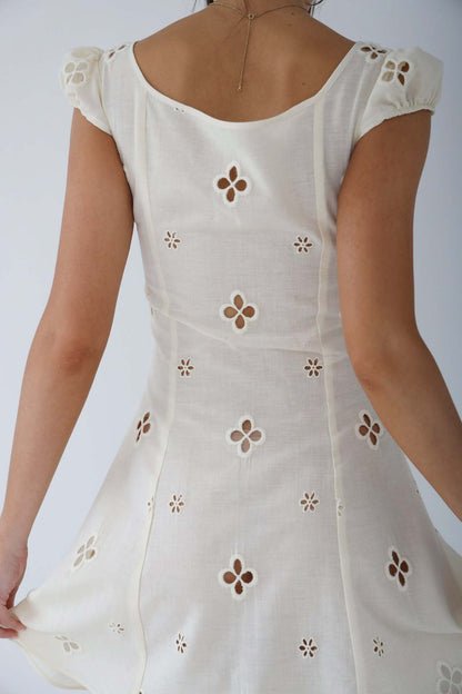 Back detail of the white Adelina fitted midi dress with eyelet embroidery
