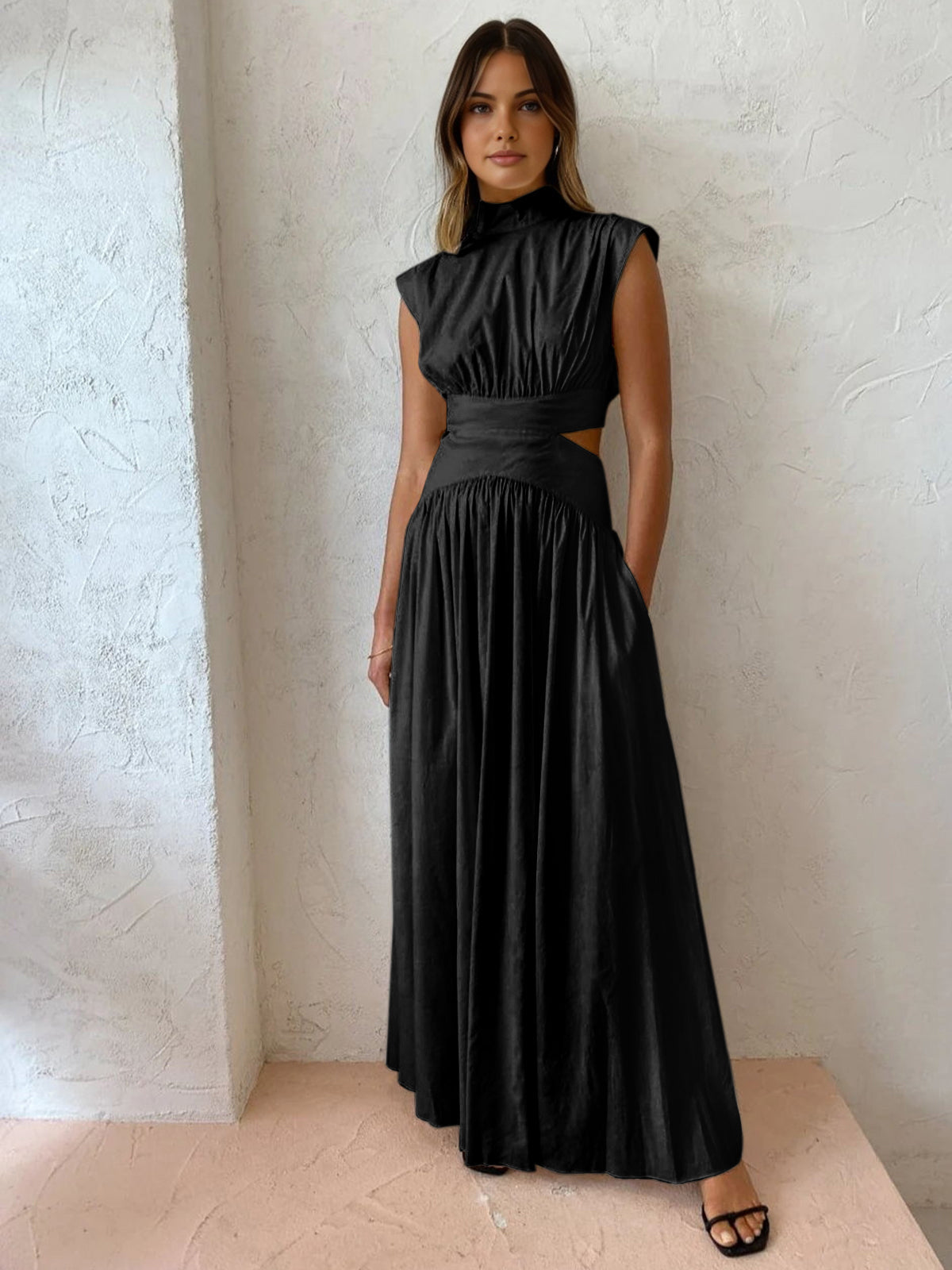 Women's Cut-Out Maxi Dress in Black, high-neck front view on model - Amely